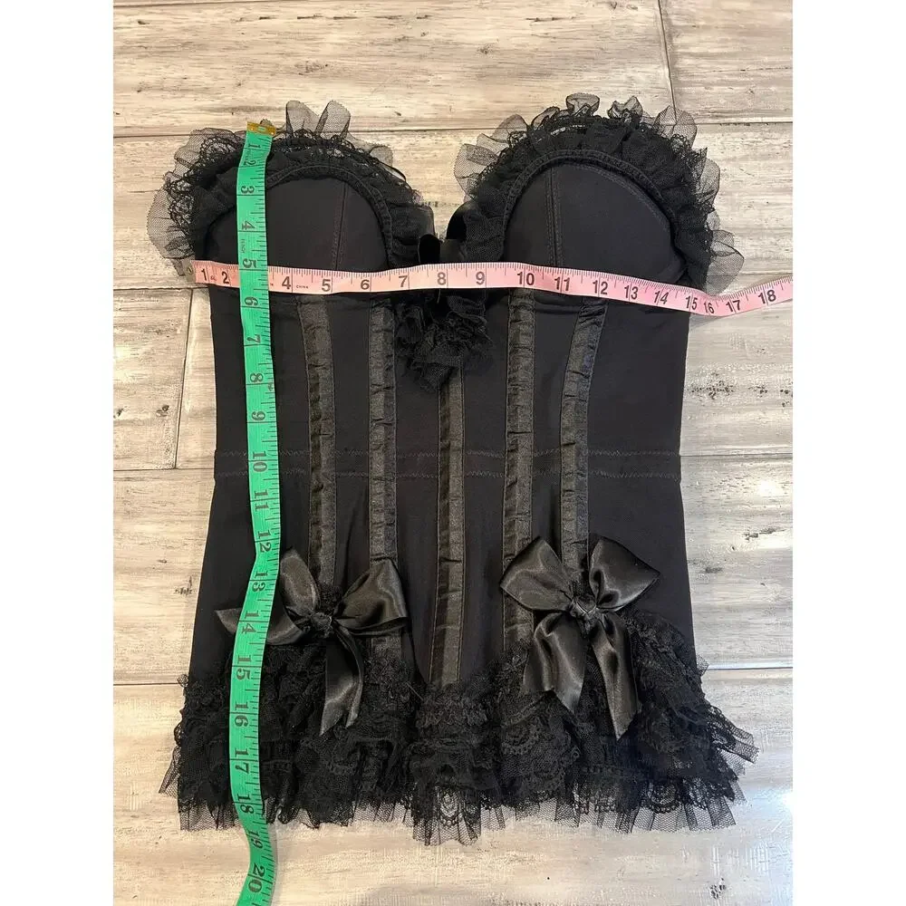 Vintage Trashy Lingerie Black Gothic Bustier Satin Bow Lace Corset Made in USA - Picture 12 of 15